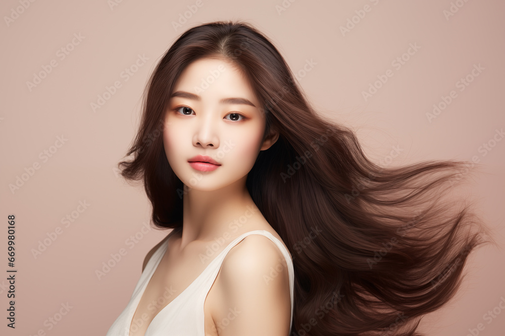 Beautiful young asian woman with clean fresh skin, on beige background, asian beauty