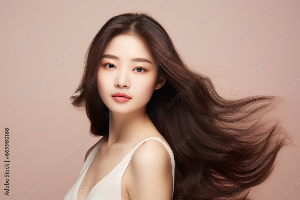 Beautiful young asian woman with clean fresh skin, on beige background, asian beauty Beautiful young asian woman with clean fresh skin, on beige background, asian beauty