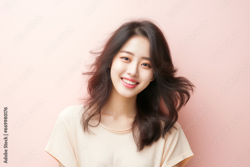 Beauty asian woman smile and happy with her hair on pink background Beauty asian woman smile and happy with her hair on pink background