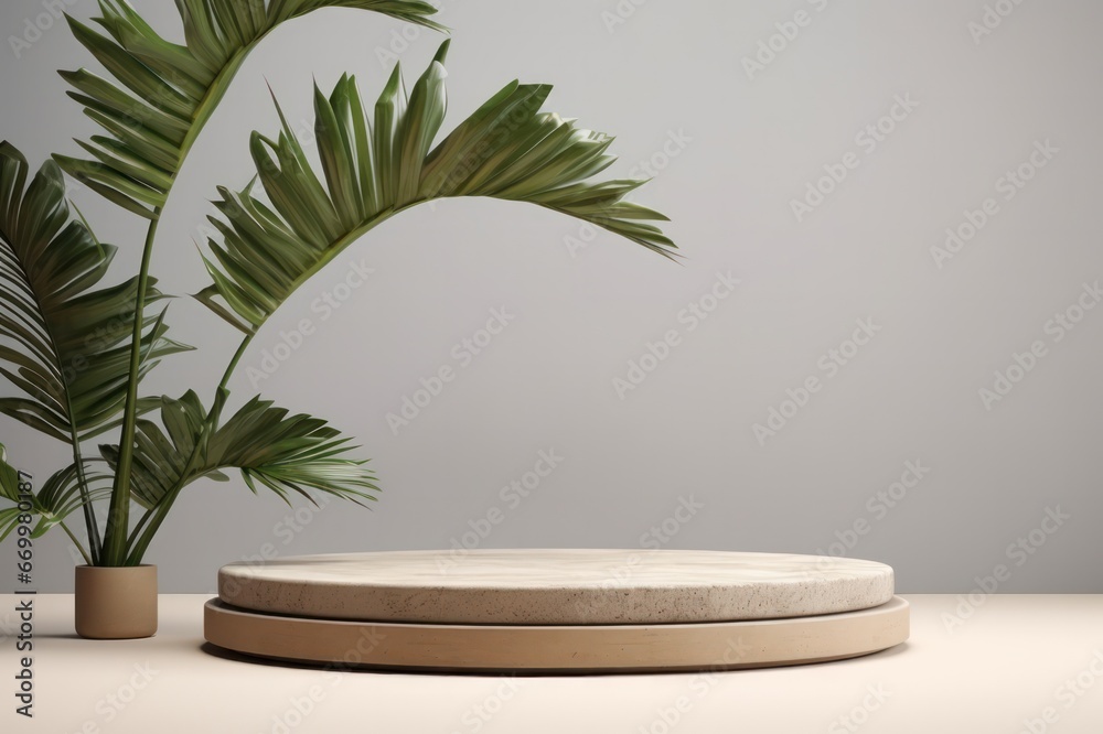 round natural stone 3d render rock podium with palm tree leaves. Product photography set design backdrop.
round natural stone 3d render rock podium with palm tree leaves. Product photography set design backdrop.