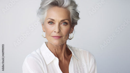 Portrait of a beautiful healthy adult woman with short haircut and gray hair. Isolated on a white color background. Concept of beauty, cosmetology.