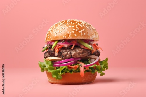 vegan burger with sesame seeds on pink background. Restaurant, delivery, fast food, cafe poster or website banner, social media content. photo