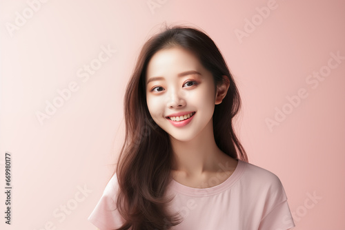 Wallpaper Mural Beautiful young asian woman with clean fresh skin on pink background, Face care, Facial treatment, Asian women portrait. Torontodigital.ca