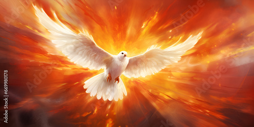 Flying white dove with fire effect on dark background generative AI