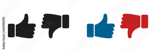 Thumb Up, Thumb Down Silhouette Icon Set. Good and Bad Gesture Button Black and Color Sign. Like and Dislike Pictogram. Social Media Feedback Symbol Collection. Isolated Vector Illustration