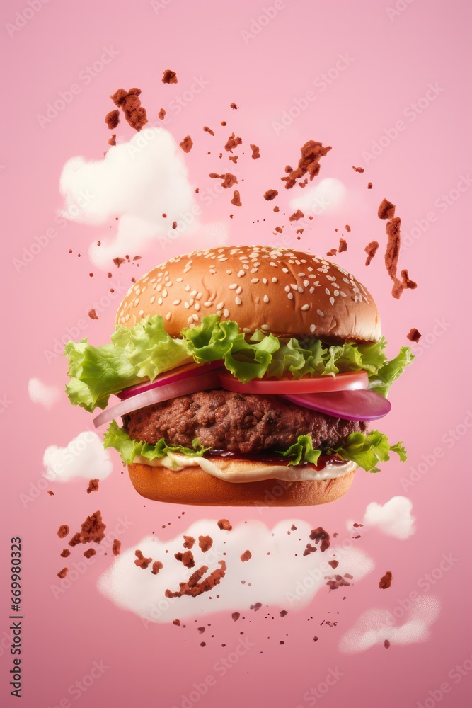 vegan meat burger in the air on pink background. Restaurant, delivery, fast food creative poster or website vertical banner, social media content. - obrazy, fototapety, plakaty 