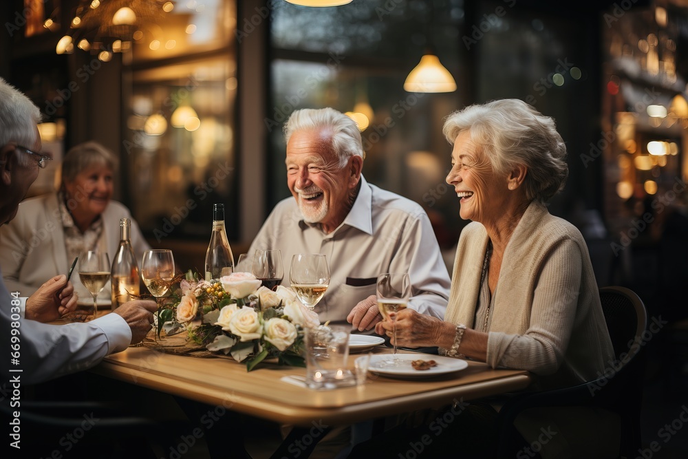 An elderly couple having dinner at a party happily spend the weekend. Old people smile and chat with friends in the apartment. An elderly couple having dinner at a party happily spend the weekend. Old people smile and chat with friends in the apartment.