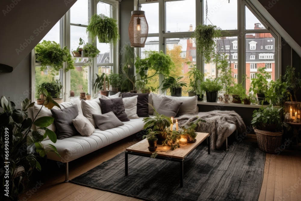 View from the cozy living room with panoramic windows with a TV and accessories to a modern urban residential complex in a warm sunny southern country. Cozy stylish apartment