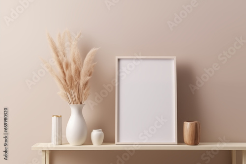 Mock up poster frame in interior background. Photo or picture frame mockup, beige wall photo