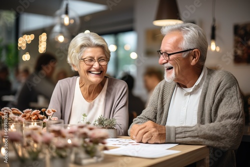 An elderly couple having dinner at a restaurant at a party happily spend the weekend. Old people smile and chat with friends in the apartment.