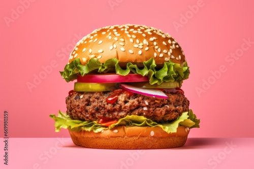 vegan burger with sesame seeds, green lettuce and tomatoes with ingredients around it. Restaurant, delivery, fast food, cafe poster or website banner, social media content. photo
