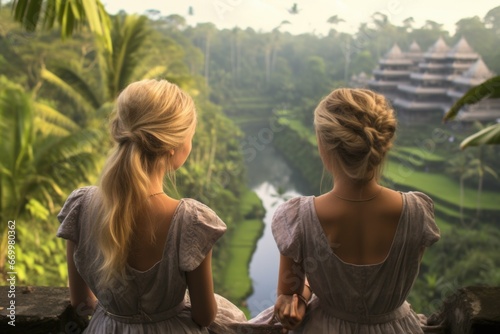 beautiful two girls and her attractive blonde hair girlfriend both women enjoying Summer holidays together on rice field smiling happy being in Bali island 