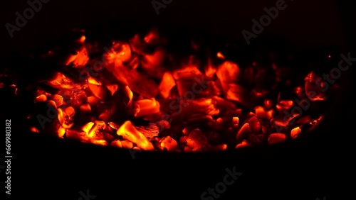 Close up of red hot embers burning