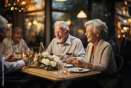 An elderly couple having dinner at a party happily spend the weekend. Old people smile and chat with friends in the apartment.