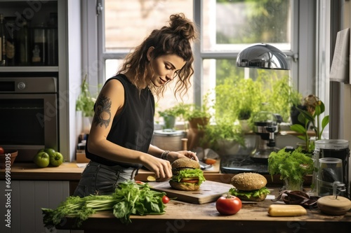 hipster millennial woman cooking vegan burger in trendy kitchen with green plants