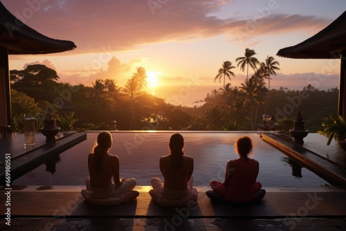 A serene yoga retreat with practitioners engaged in poses amidst tranquil surroundings  photo