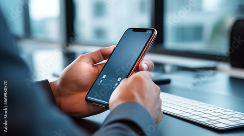 close-up of man's hand typing on mobile phone for secure business technology access at office