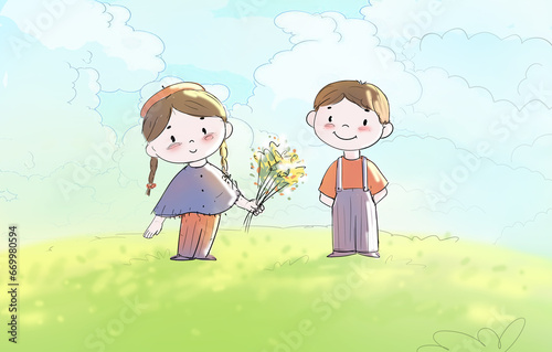 Little happy girl and boy standing in the grass, park in spring and smiling (ID: 669980594)
