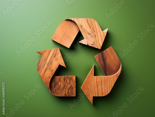 Wood recycling concept with recycle sign made from wood material photo