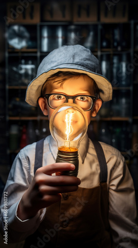 Smart kid with bright idea concept , with excited child holding bright lightbulb