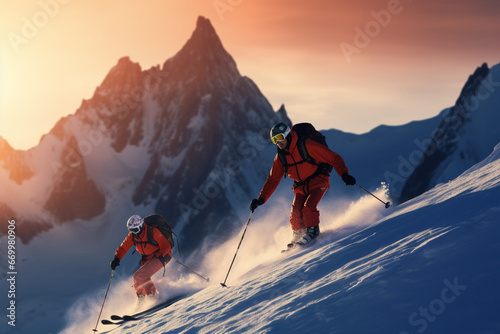 Man and woman skiing downhill at dusk, snowcapped mountain in background