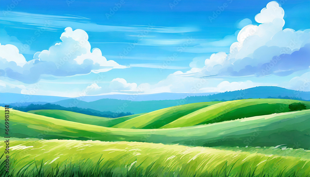 summer fields hills landscape green grass blue sky with clouds flat style cartoon painting illustration generative ai