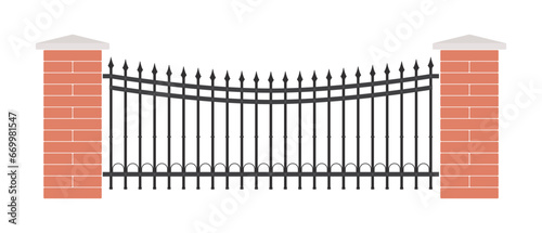 Vintage iron fence with bricks. Interweaving with knots. Isolated on white background.
