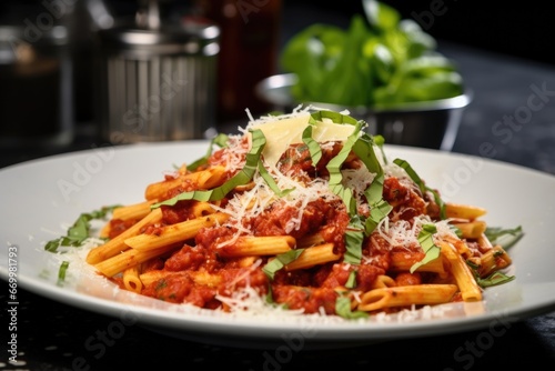 pasta dish with tomato sauce, basil, and parmesan