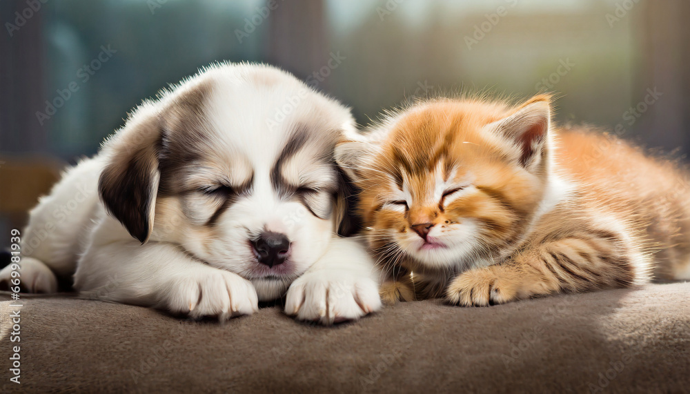 cat and dog sleeping puppy and kitten sleep