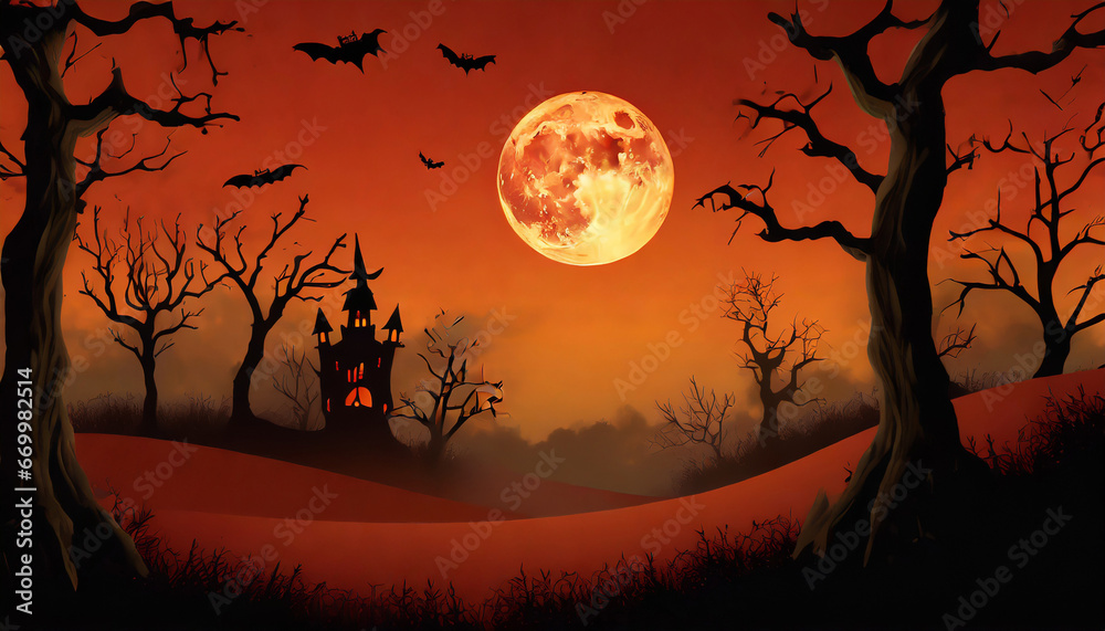 halloween background landscape with moon with red orange hues and creepy trees