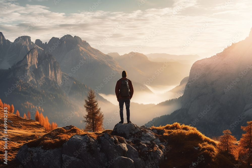 Man on stone on the hill and beautiful mountains in haze at colorful sunset in autumn, Dolomites, Italy, Sporty guy, mountain ridges in fog, orange grass and trees, blue sky with sun in fall, Hiking