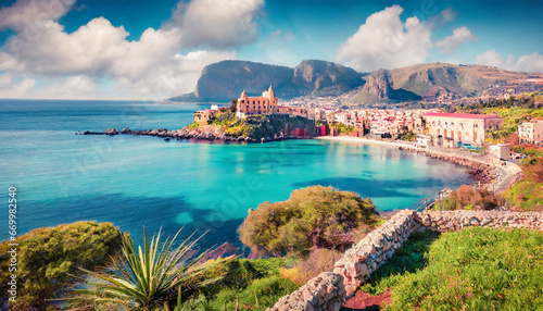 sunny spring view of sant elia village splendid azure water bay on sicily palermo city location italy europe traveling concept background photo