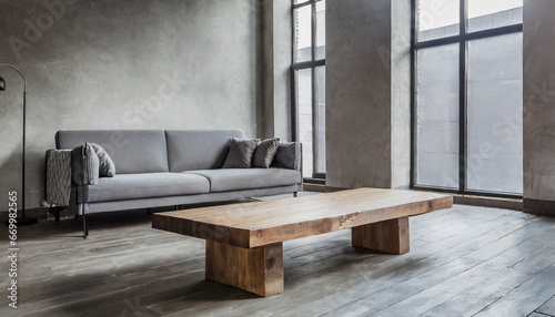 minimalist gray couch and wooden coffee table in urban loft