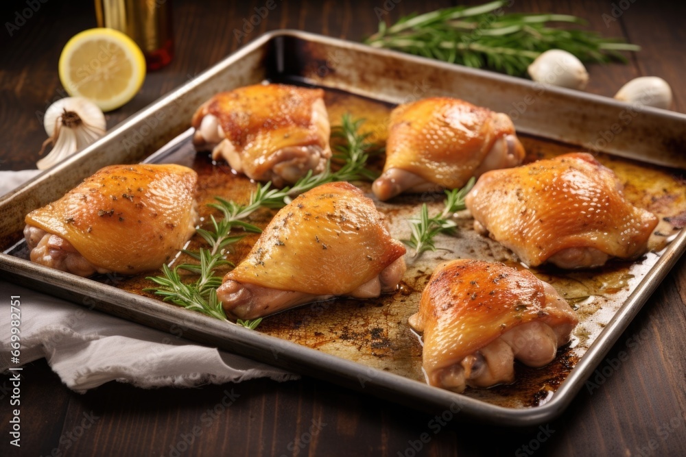 Fototapeta premium chicken thighs arranged on a baking sheet