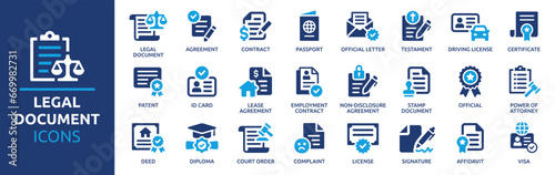 Legal document icon set. Containing contract, agreement, passport, ID card, certificate, license, patent, testament and more. Vector solid icons collection.