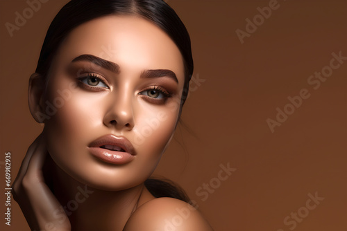 Fashion editorial Concept. Closeup portrait of stunning pretty woman with chiseled features, brown natural earthy makeup. illuminated with dynamic composition and dramatic lighting. copy text space	
 photo
