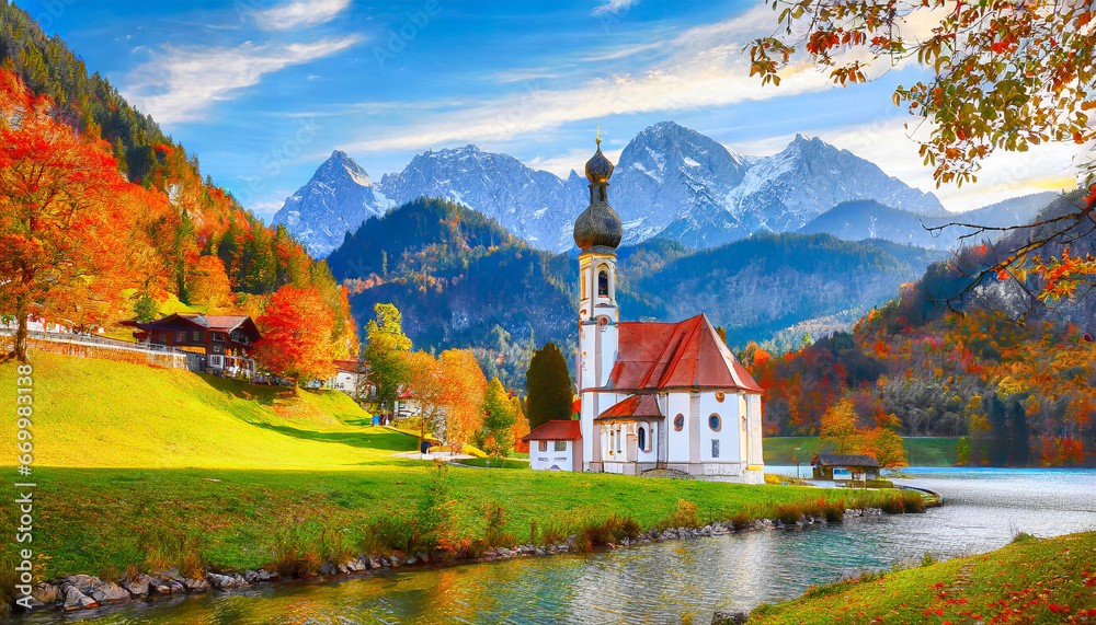 iconic picture of bavaria with maria gern church with hochkalter peak on background sunny autumn scene of alps beautiful landscape of germany countryside beautiful autumn scenery