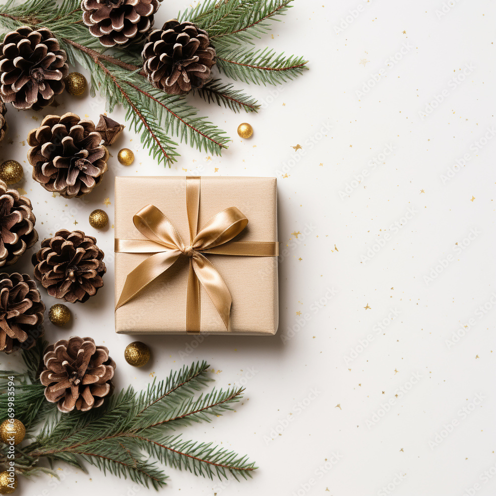 Christmas New Year card background with fir branches, cones, balls, gift box and ribbons. Flat lay with empty copy space Christmas New Year card background with fir branches, cones, balls, gift box and ribbons. Flat lay with empty copy space
