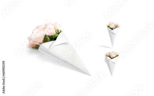 Blank white flowers packaging cone wrap mockup, different views