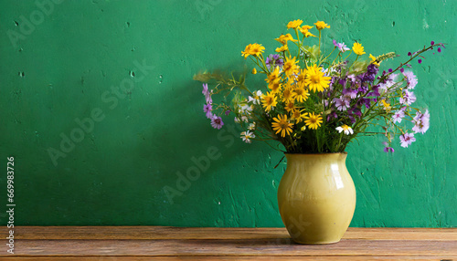 vase of wildflowers on wooden table and green wall texture background high quality photo
