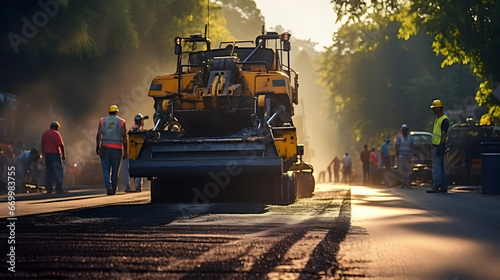 A paver finisher, asphalt finisher or paving machine placing a layer of asphalt during a repaving construction project timelapse photo