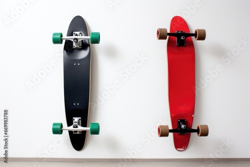paired, identical skateboards leaning against a white wall