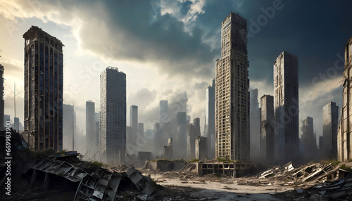 abandoned broken big city with skyscrapers after a disaster tornado earthquake or war the concept of the end of the destruction generative ai