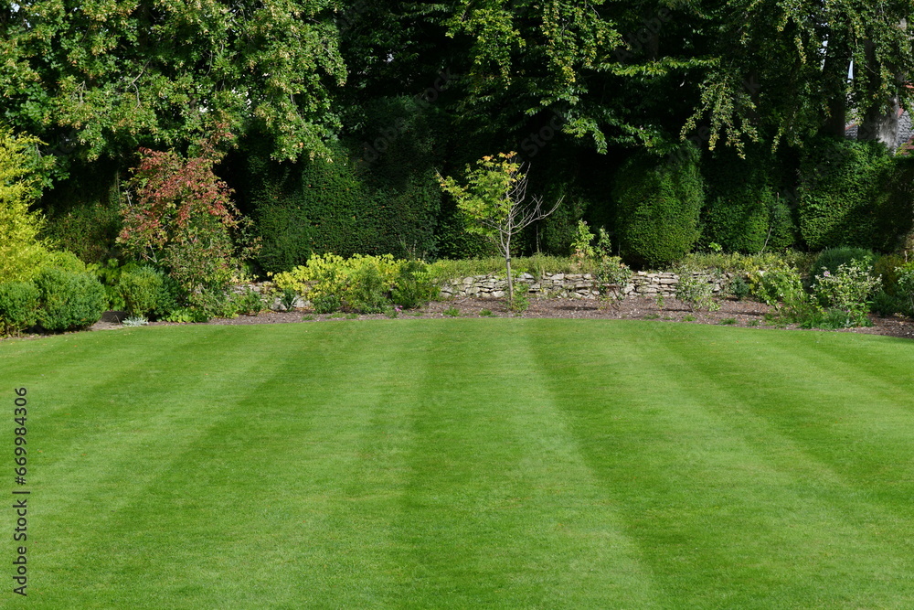 Striped green grass lawn in a beautiful garden