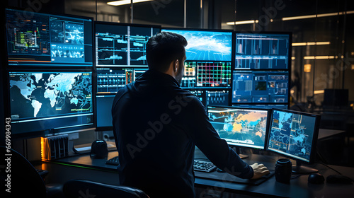 A security expert in front of multiple computer screens in a network operations centre near a server room. Cybersecurity, Cyber awareness training