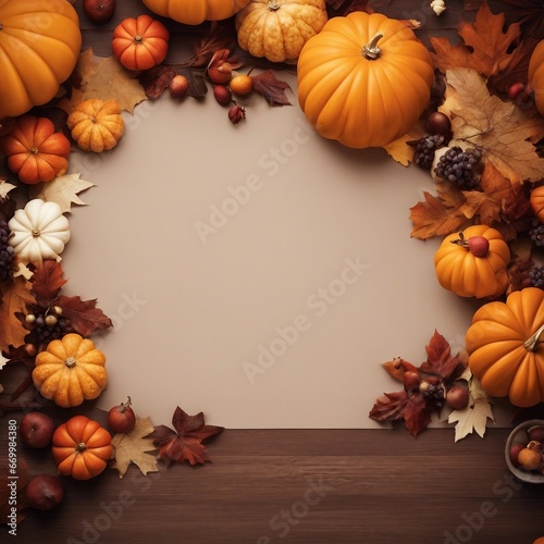 Thanksgiving Greetings. Pumpkins and dry leaves on a dark wooden background. Top view. 