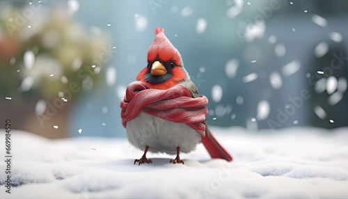  3d cute cardinal wearing scarf in christmas photo