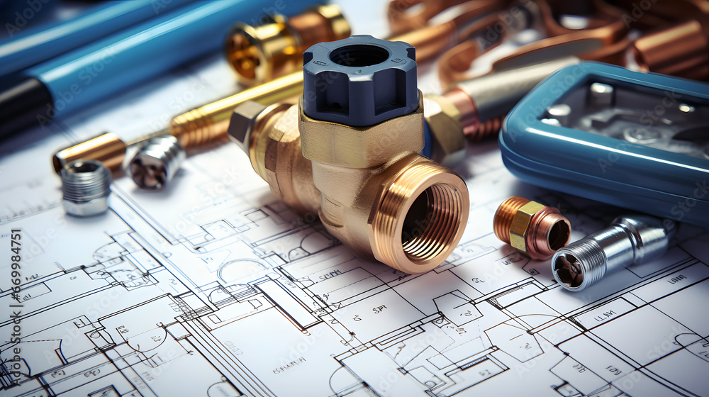A selection of plumbing tools and fittings on domestic house plans - obrazy, fototapety, plakaty 