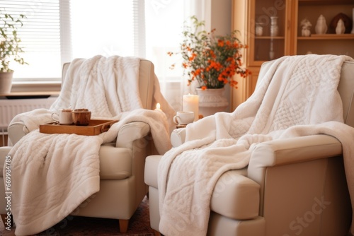a soft blanket spread over two comfortable armchairs