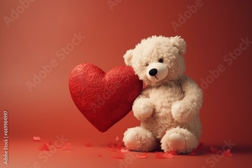 Valentine's Day teddy bear holding a big red heart. Love greeting card, design, and poster. Proposal of marriage. Be my wife. Generative AI